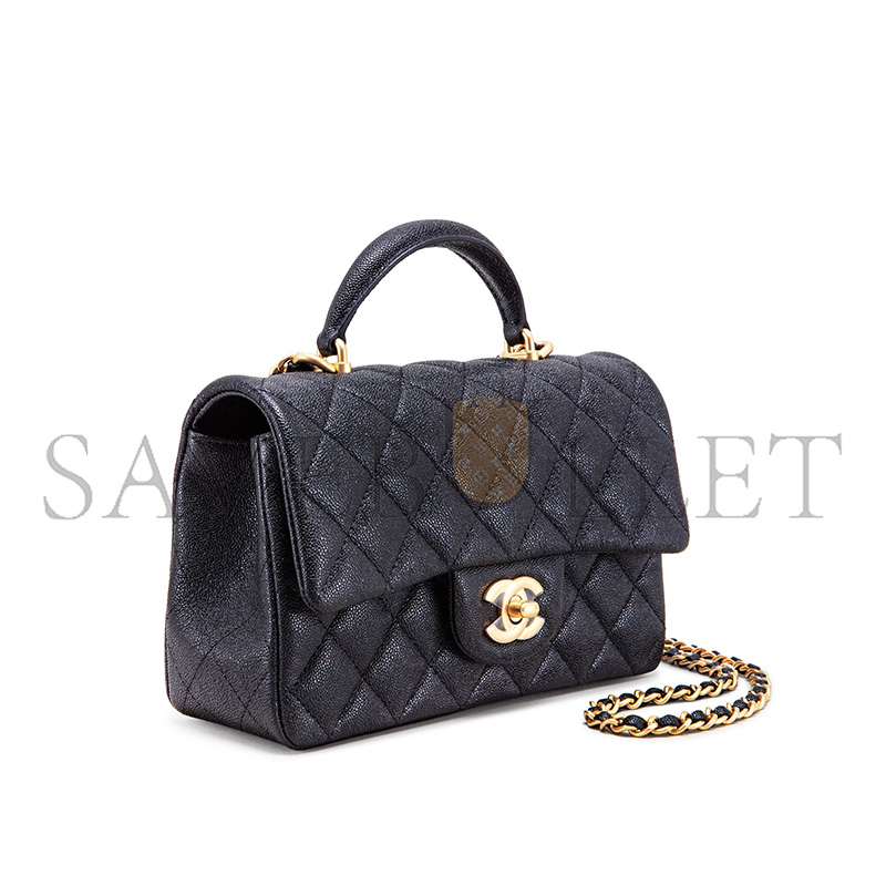 Ch**el MASTER BLACK QUILTED GRAINED CALFSKIN MINI FLAP WITH TOP HANDLE GOLD HARDWARE (20*12*6cm)